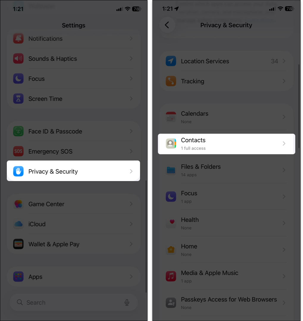 Open Settings > Privacy & Security > Contacts