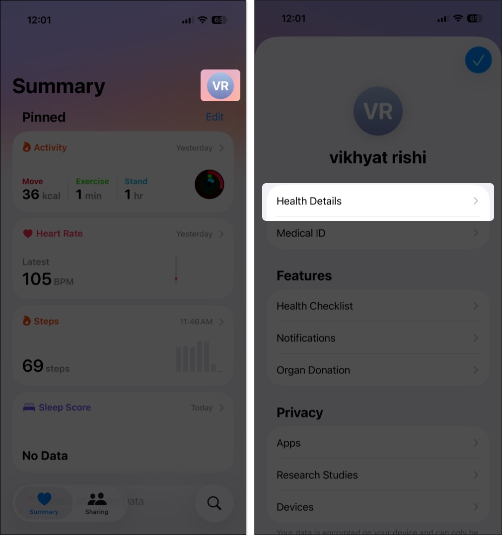 Open the health app tap your profile photo and select health details