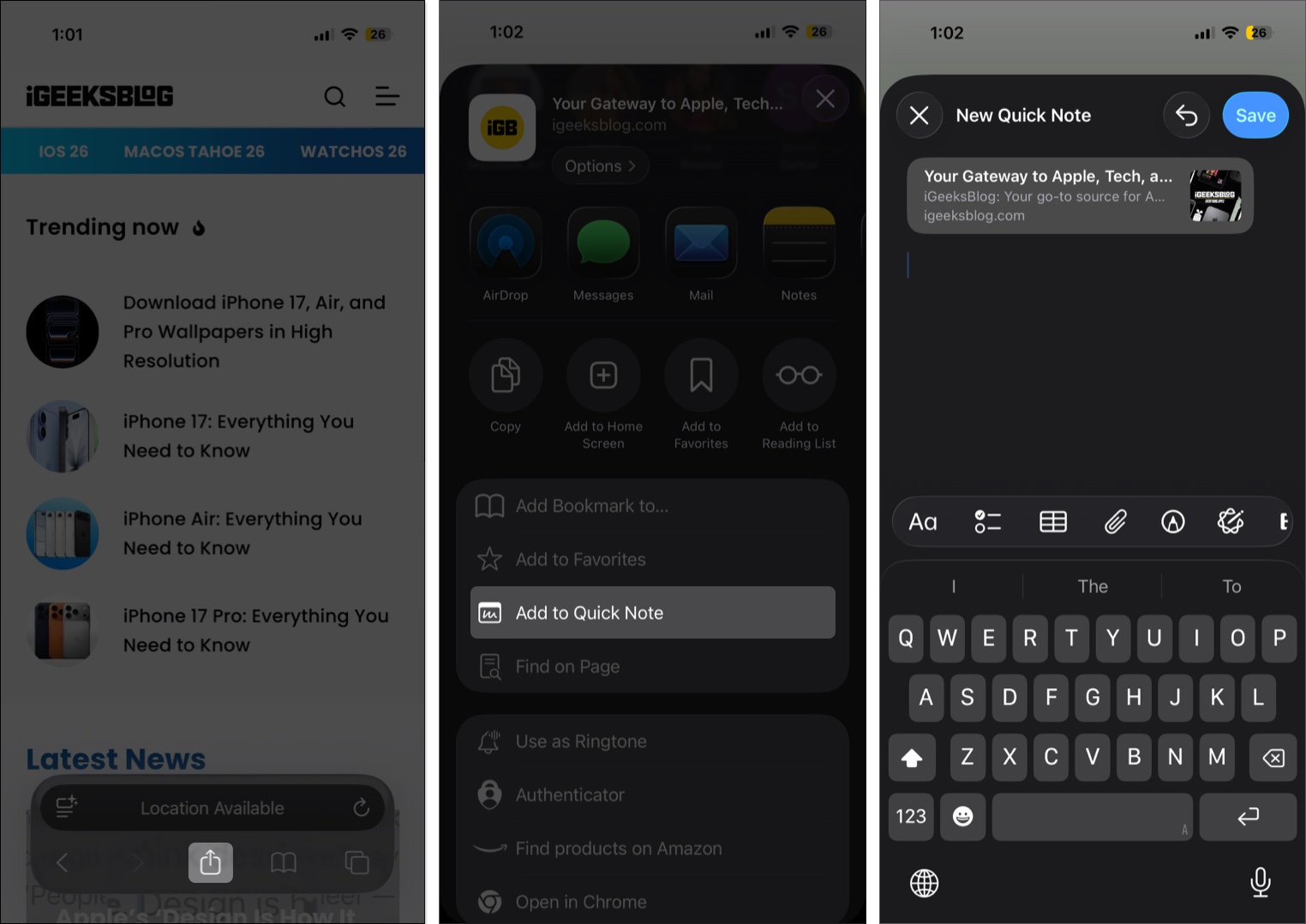 Open a webpage and tap share at the bottom and tap add to quick note