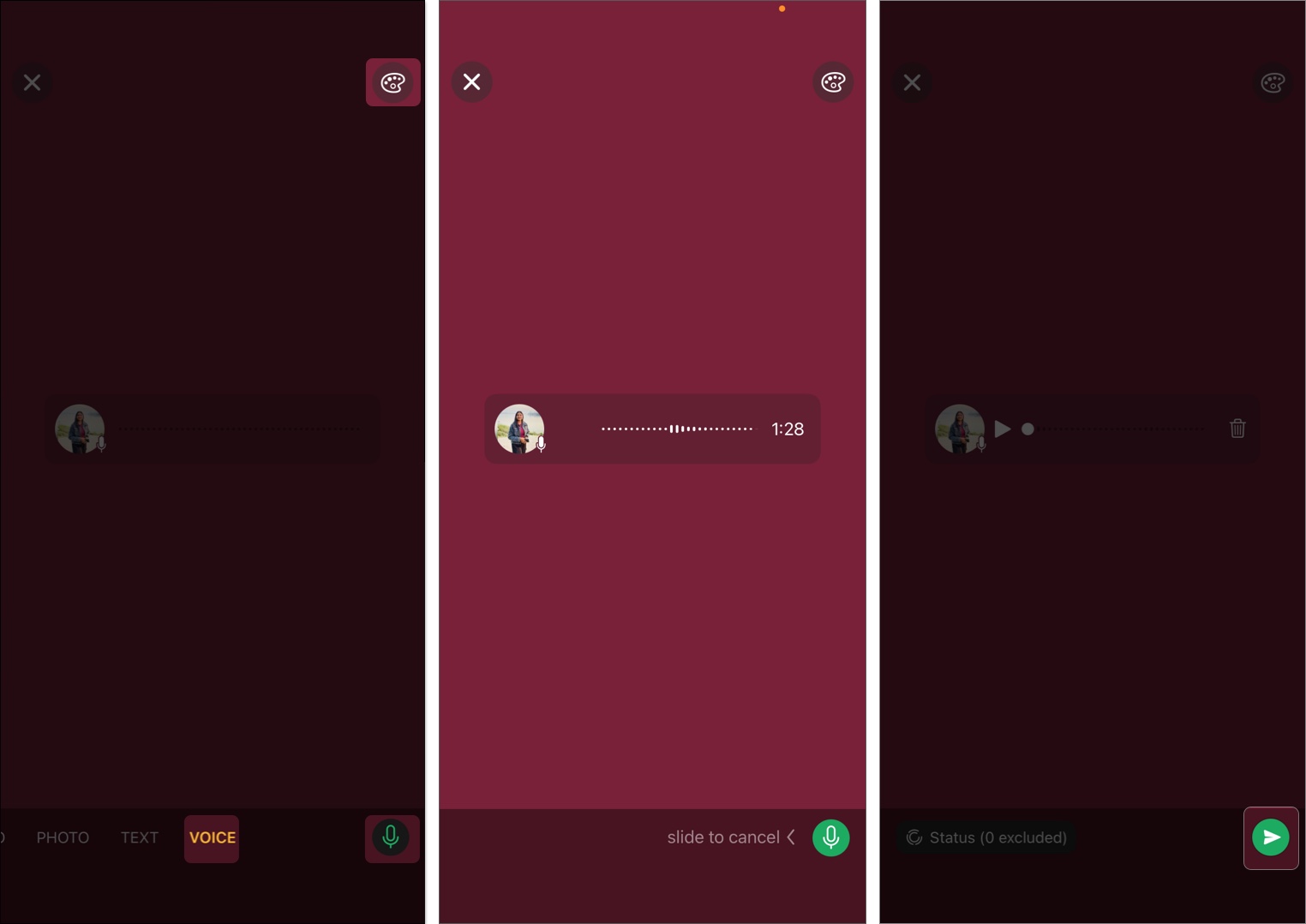 Select voice above the keyboard and long press the mic icon to record your audio