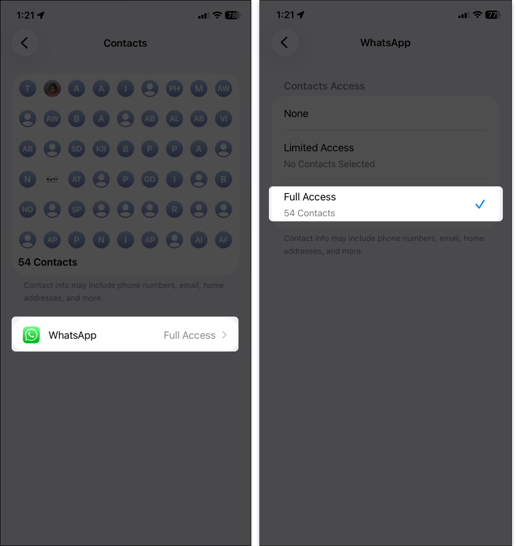 Select WhatsApp and make sure it has Full Access