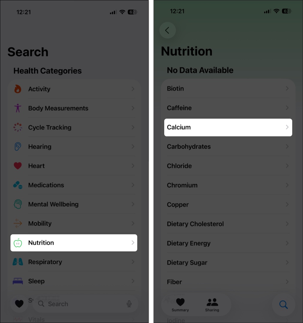 Select the nutrition you want to add data for