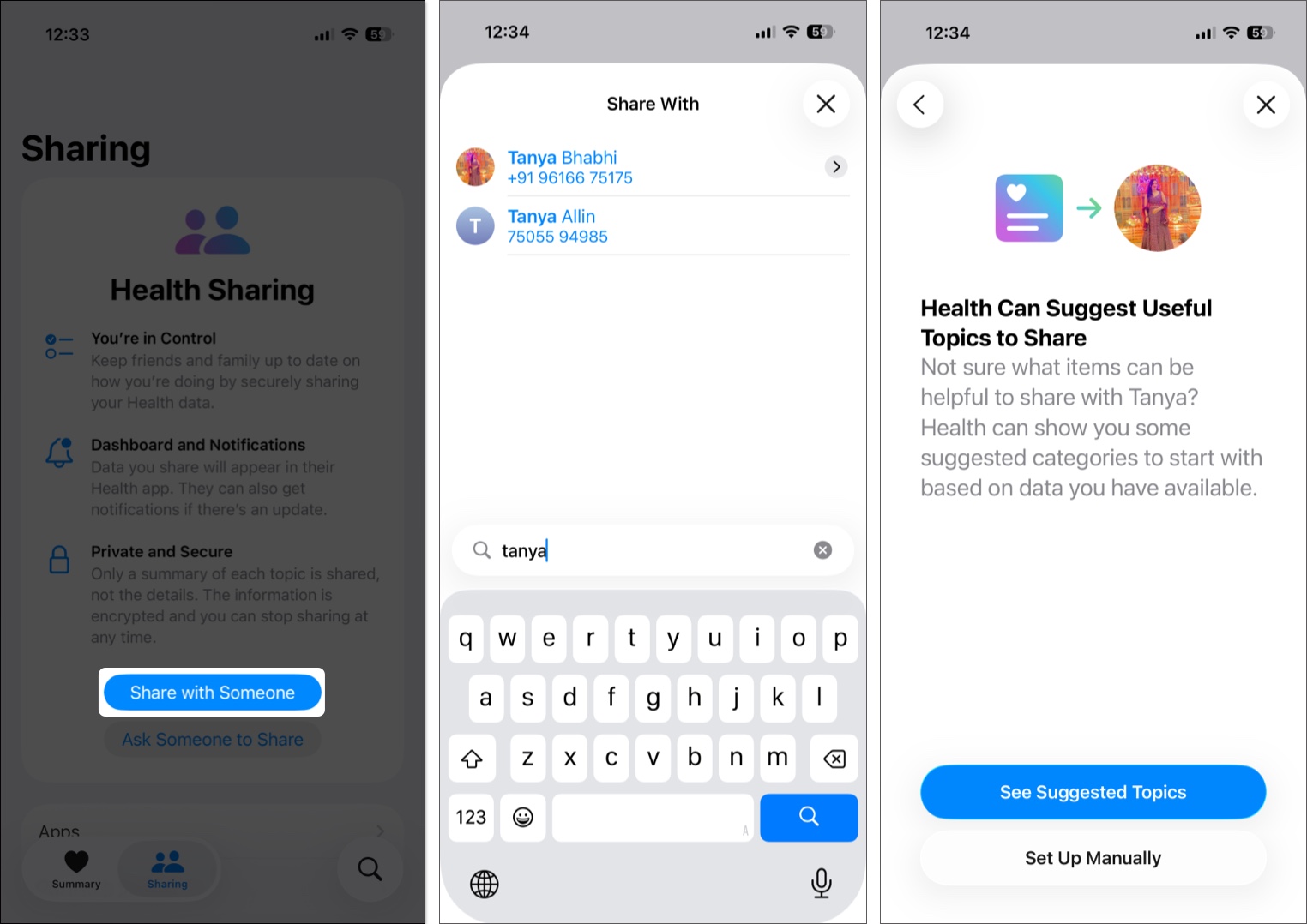 Setting up health data sharing in the health app on an iphone
