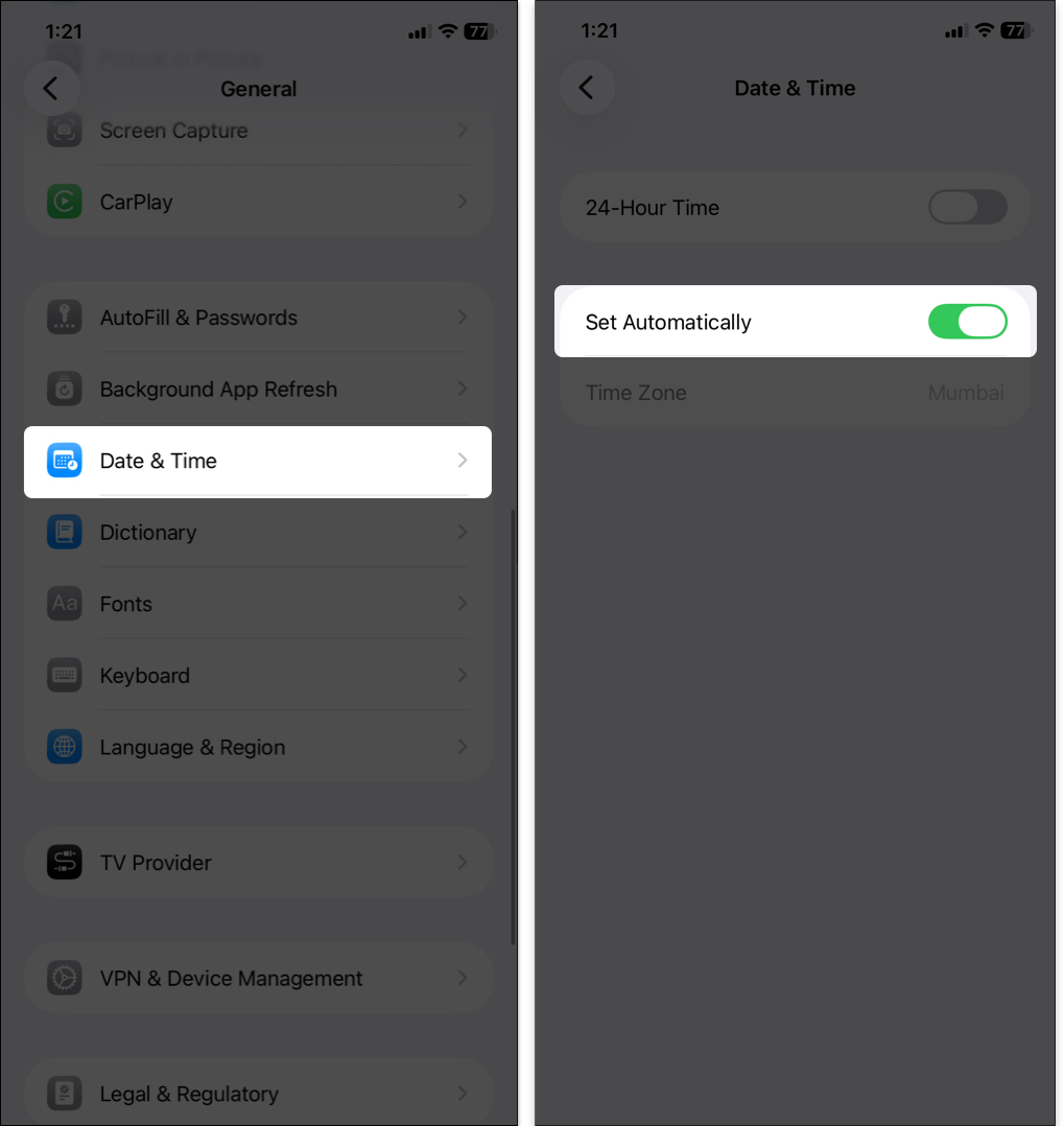 Tap Date Time and toggle on Set Automatically