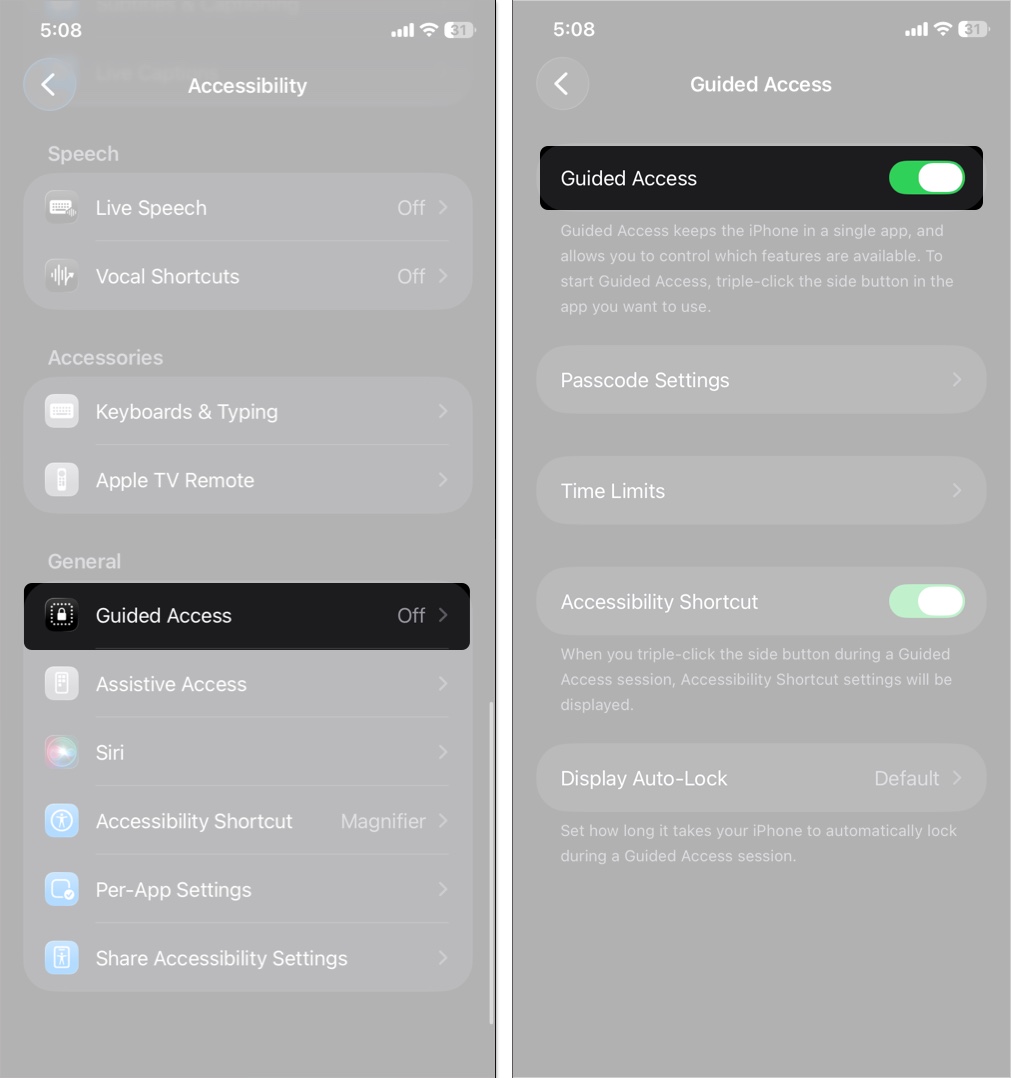 Tap guided access and toggle it on