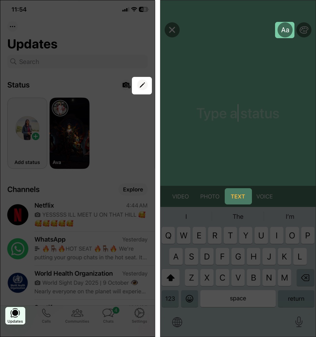 To post a text status tap on pen and type your status