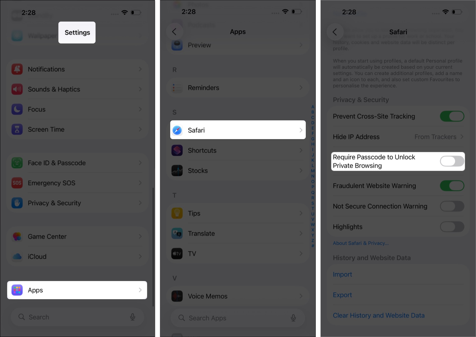 Toggle off'Require Face ID to Unlock Private Browsing'