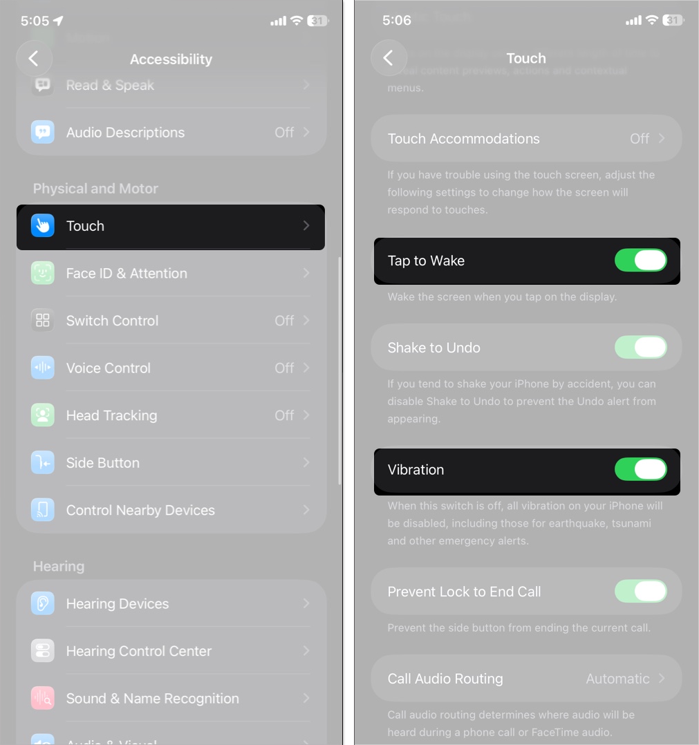 Toggle on the tap to wake and vibration options