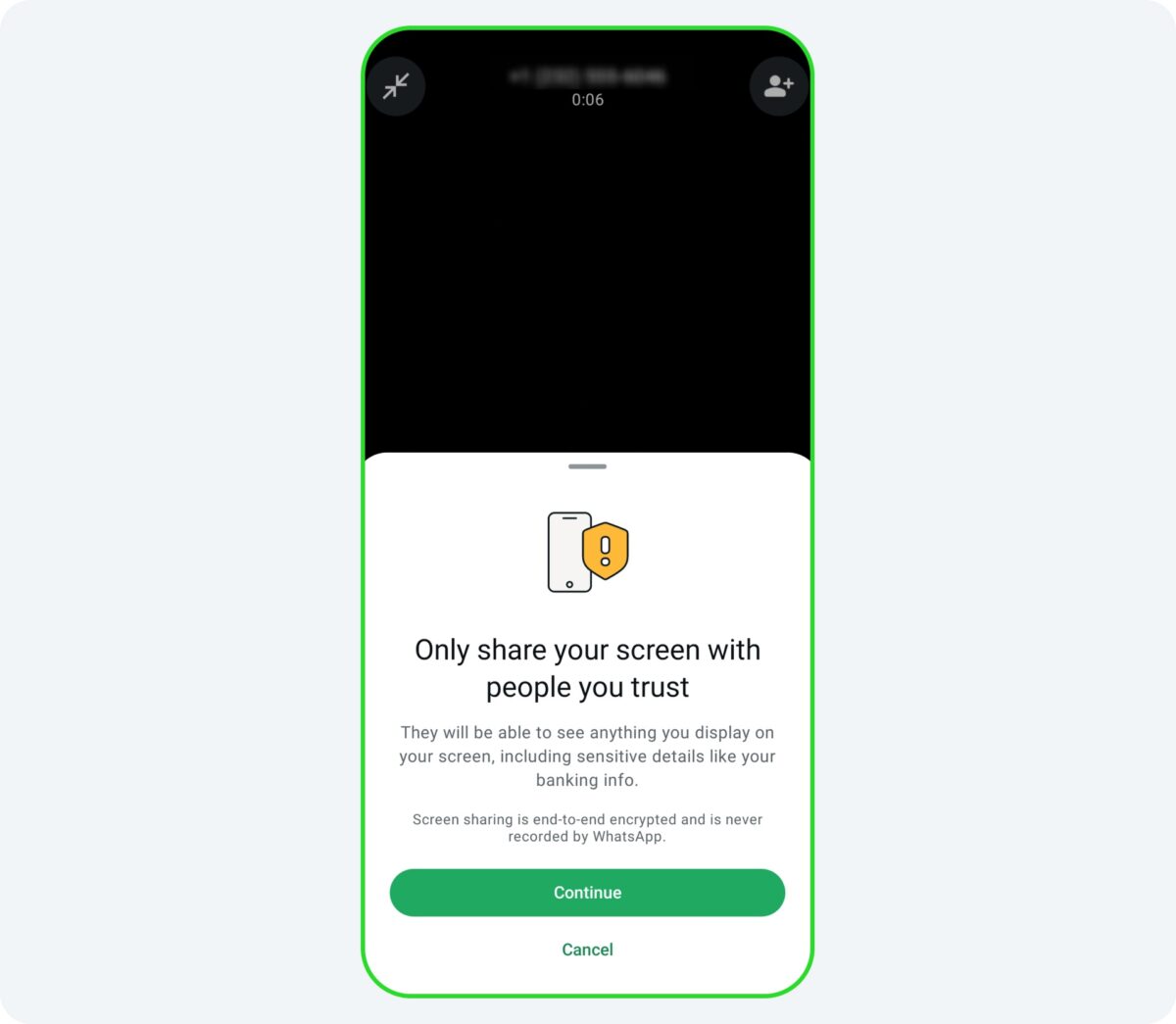 Whatsapp share screen warning