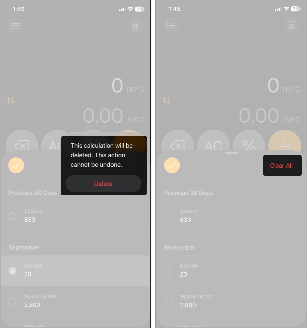 Check and clear all calculator history
