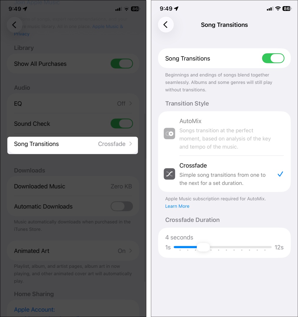 Customize crossfade on iphone