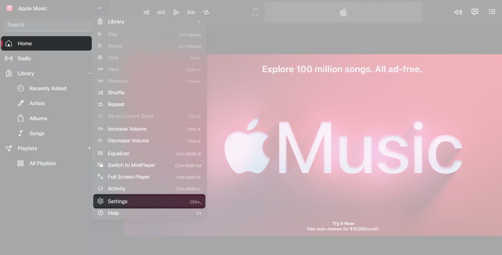 Open settings on music app on windows