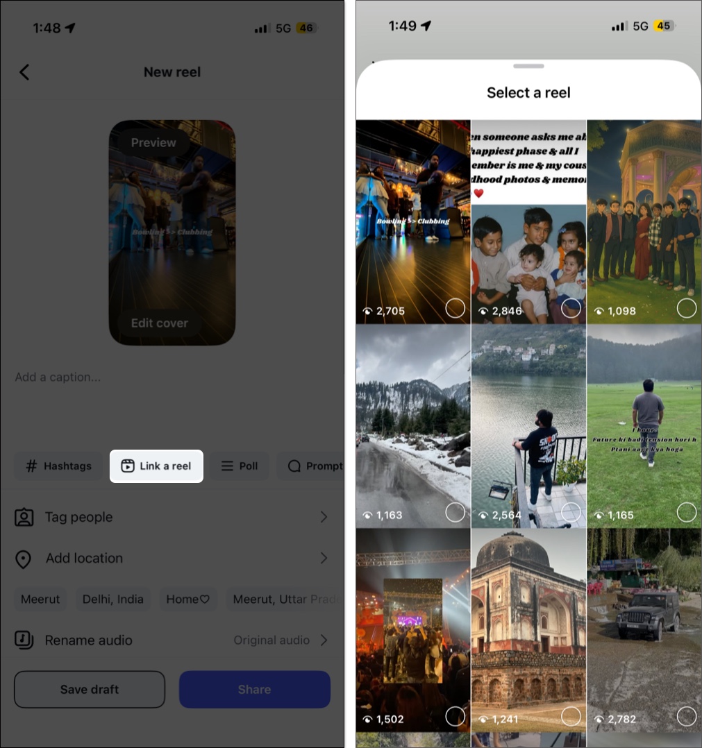 Tap on link a reel option then choose reel