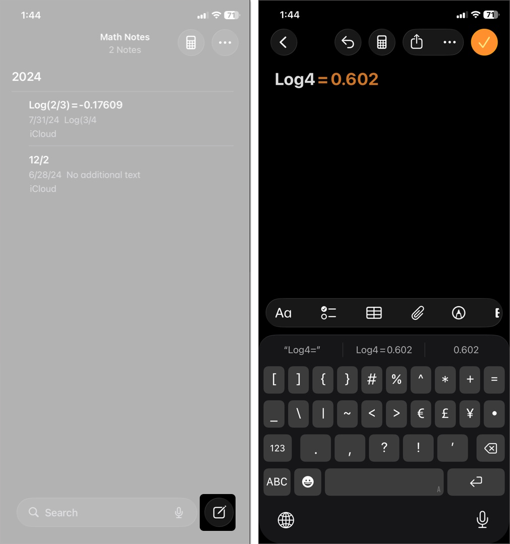 Tap on notes icon then enter equal sign