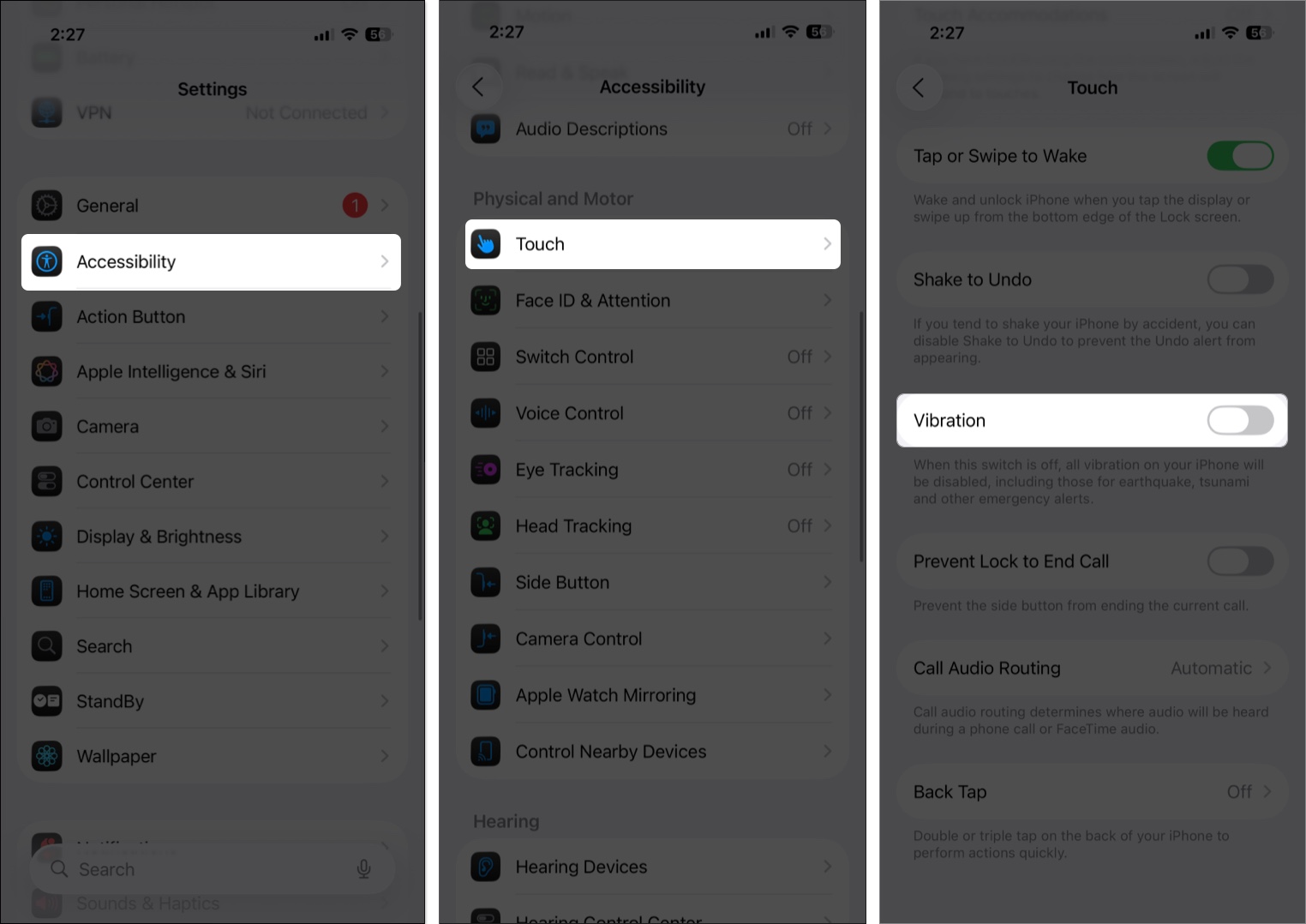 Turn off all vibrations from iphone settings