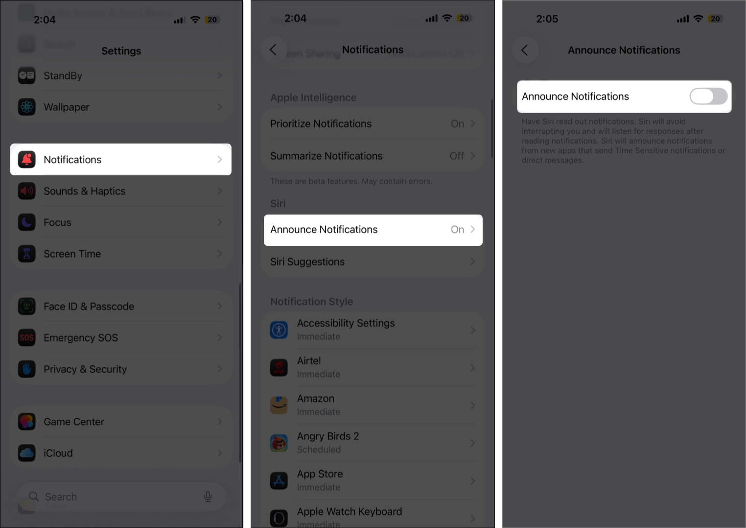 Turn off announce notifications from iPhone settings