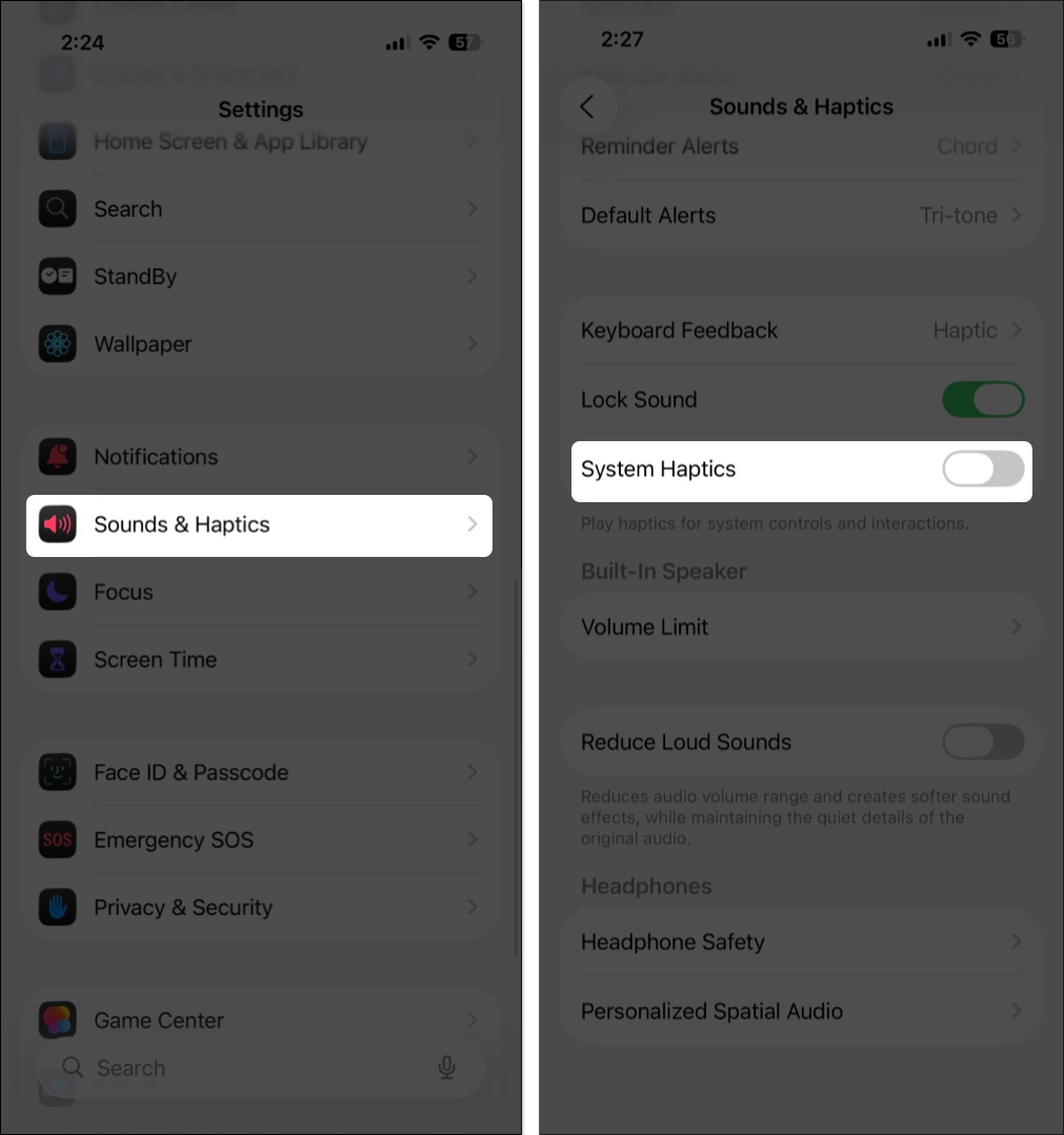 Turn off system haptics from iphone settings