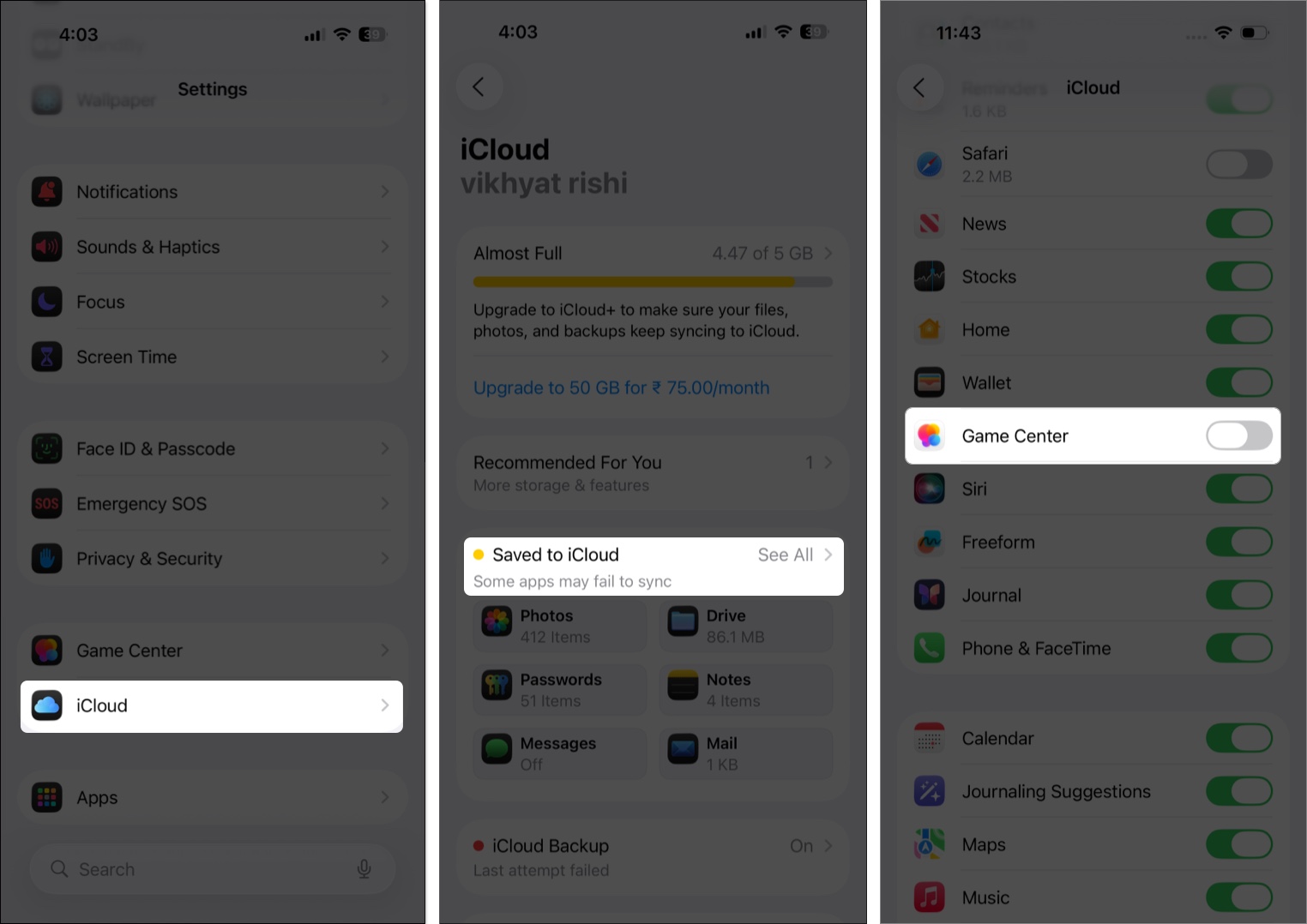 Turn off the toggle next to the game in iCloud settings