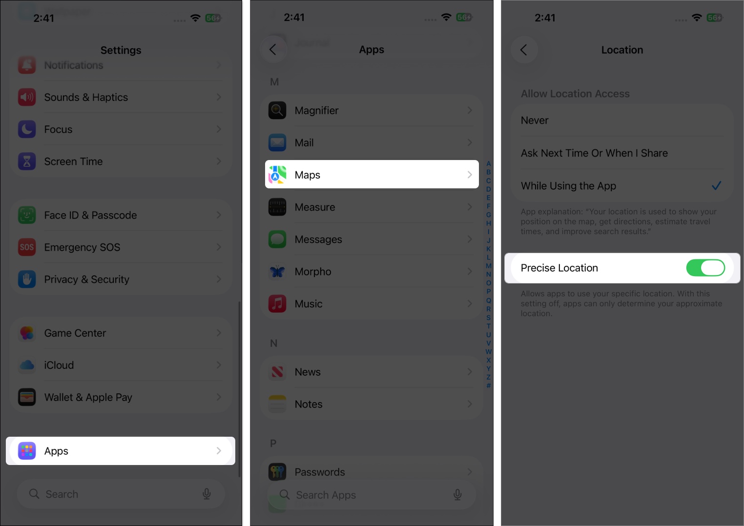 Turn on precise location from iphone settings