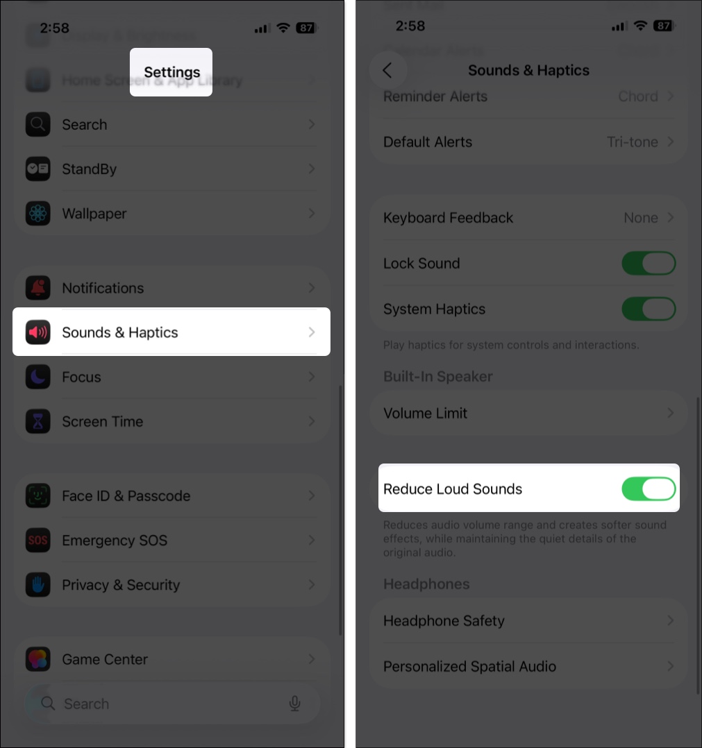 Turn on reduce loud sound from iphone settings