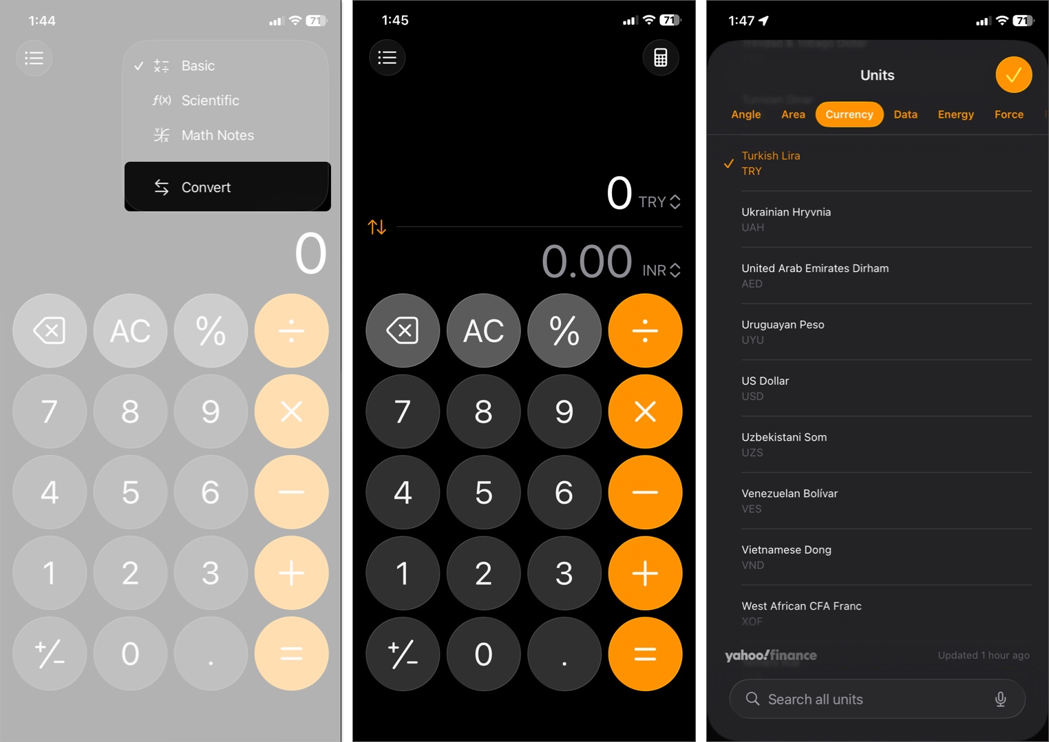 Unit conversions in the calculator app