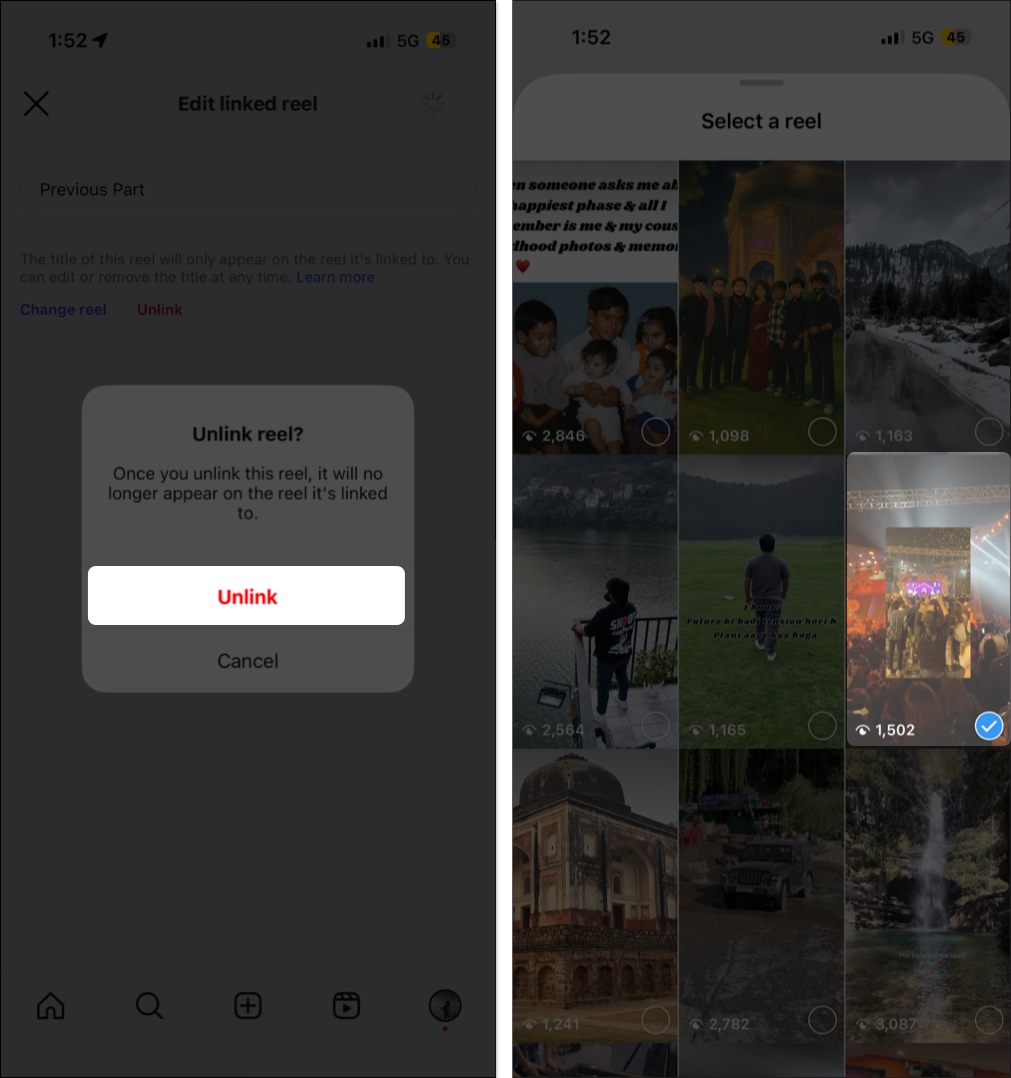 Unlink a linked reel on instagram