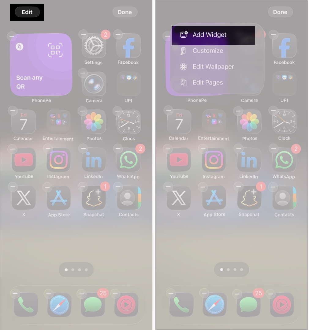 Add widgets on iPhone by long-tapping Home Screen and selecting Edit Add Widgets