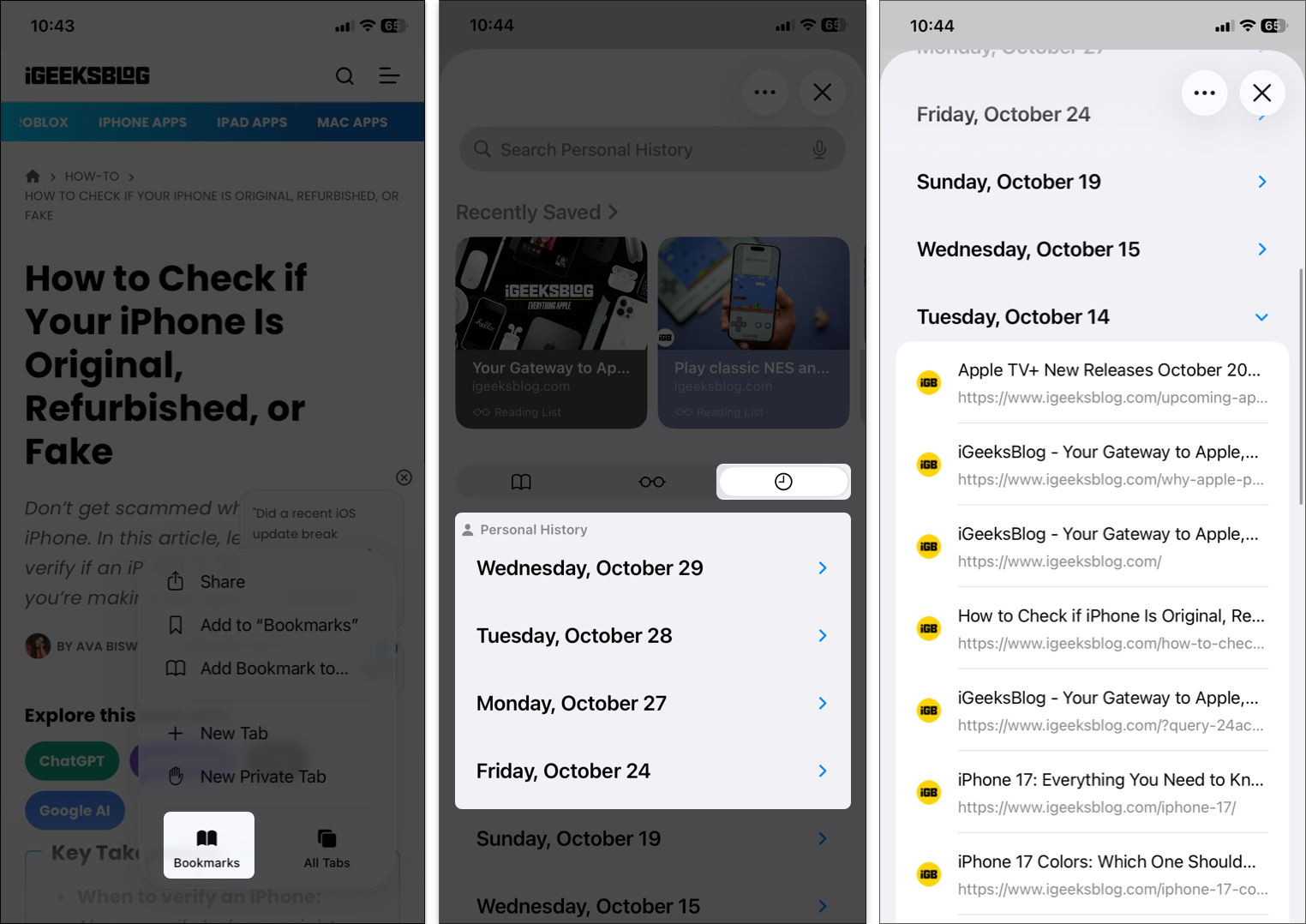 Restore closed safari tabs from history