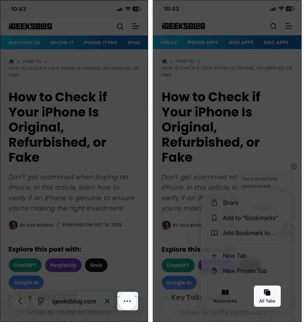 Tap the three dot icon and then tap all tabs
