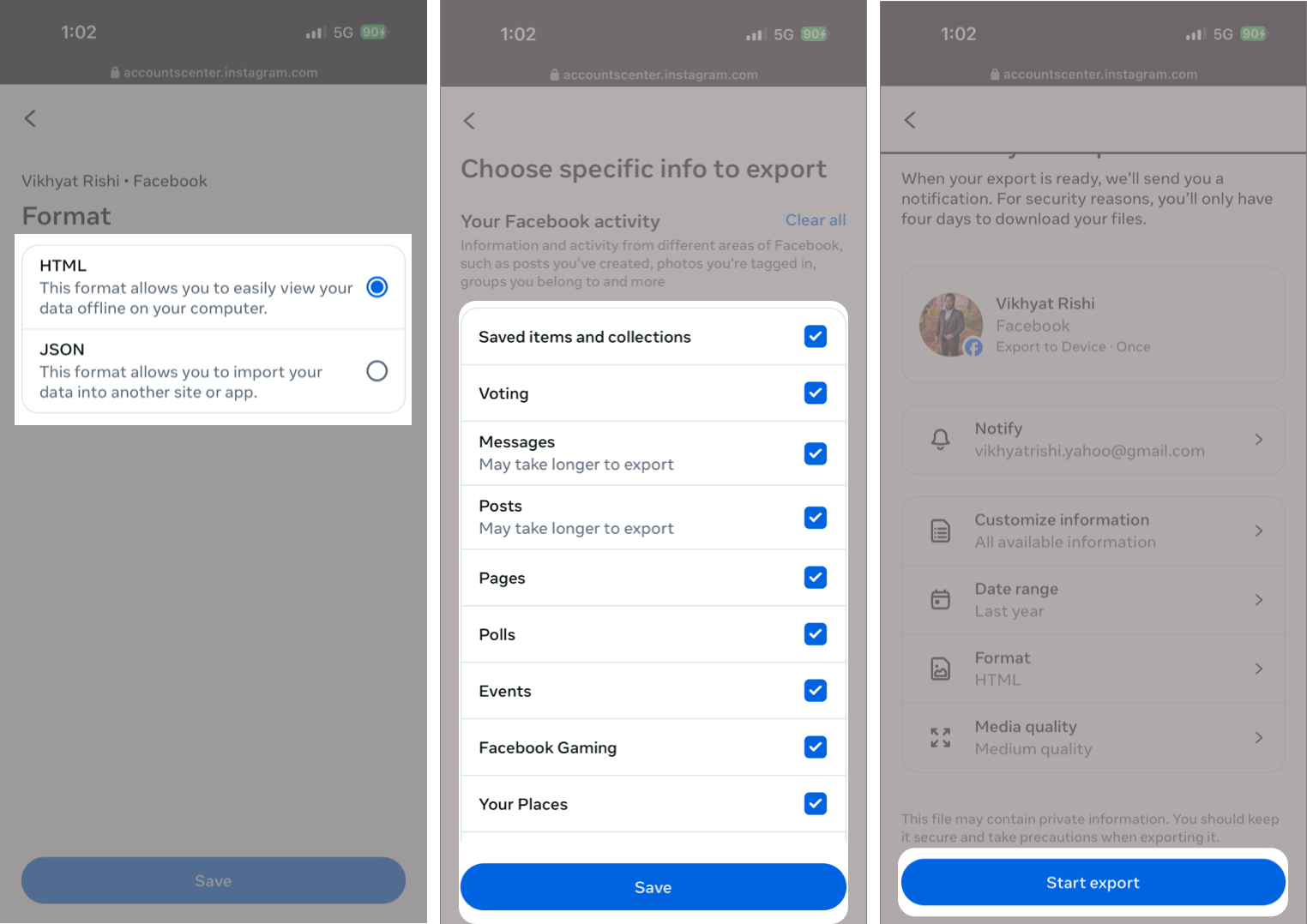 How to Download Your Instagram Data: Messages, Photos and Activity – iGeeksBlog Choose your export options, tap Start Export, and enter your password.