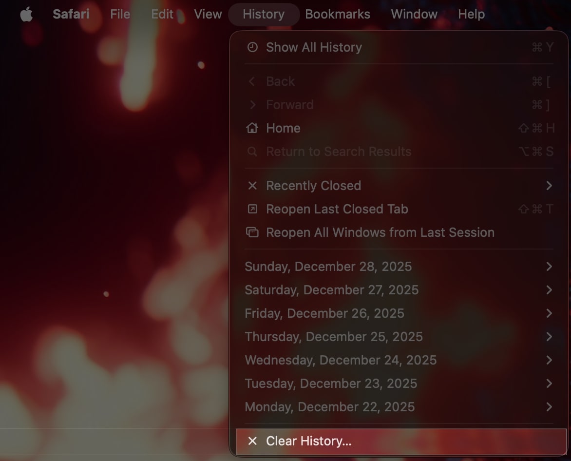 Click History in The Top Menu Bar and Click On “Clear History”