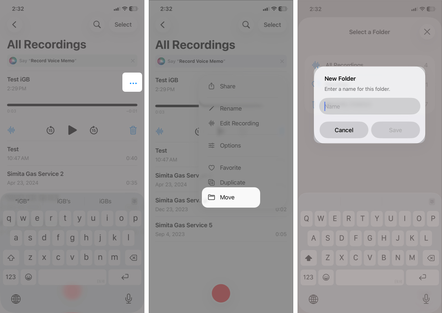 How to Record, Edit, and Share Voice Memos on iPhone in iOS 26 Select a voice memo, tap the three-dot icon, tap Move, and then tap Save to create and move it to a new folder