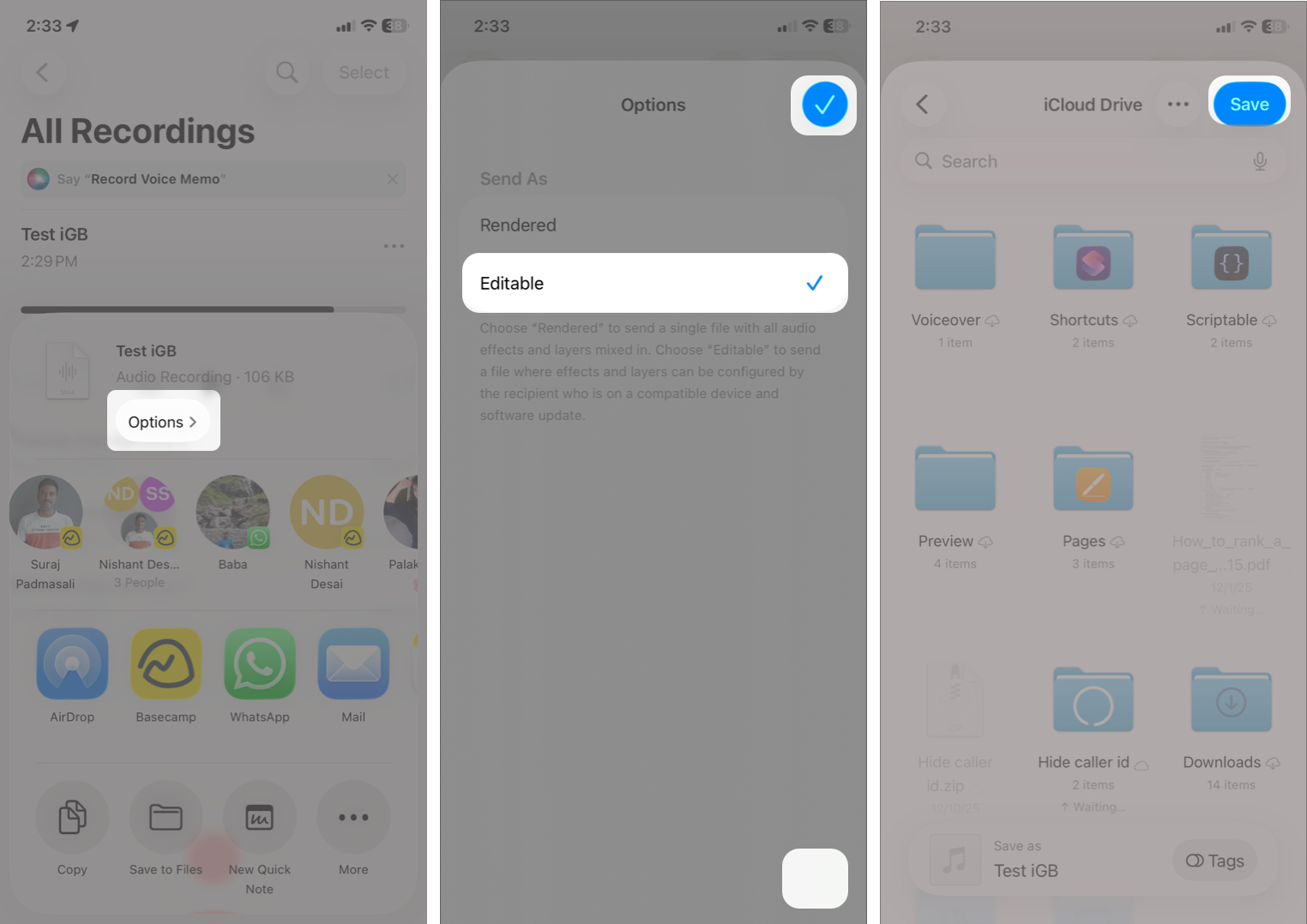 How to Record, Edit, and Share Voice Memos on iPhone in iOS 26 ap the three-dot icon, select Share, tap Options, select Editable, and tap the checkmark.