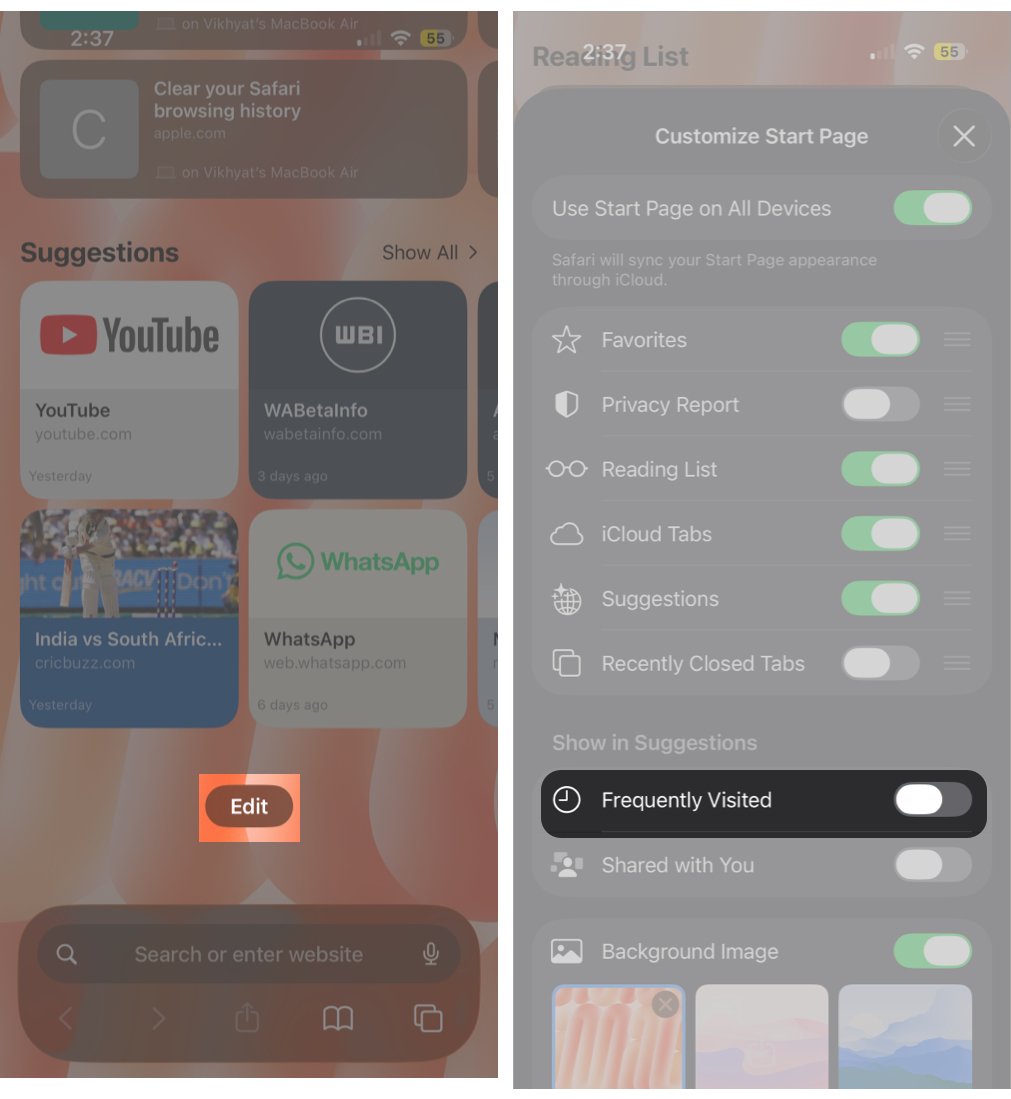 User Guide: Open a new tab in Safari, scroll to the bottom to tap Edit, and toggle off Frequently Visited