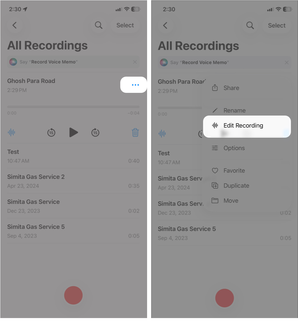 How to Record, Edit, and Share Voice Memos on iPhone in iOS 26 Open Voice Memos and tap More button and Choose Edit Recording