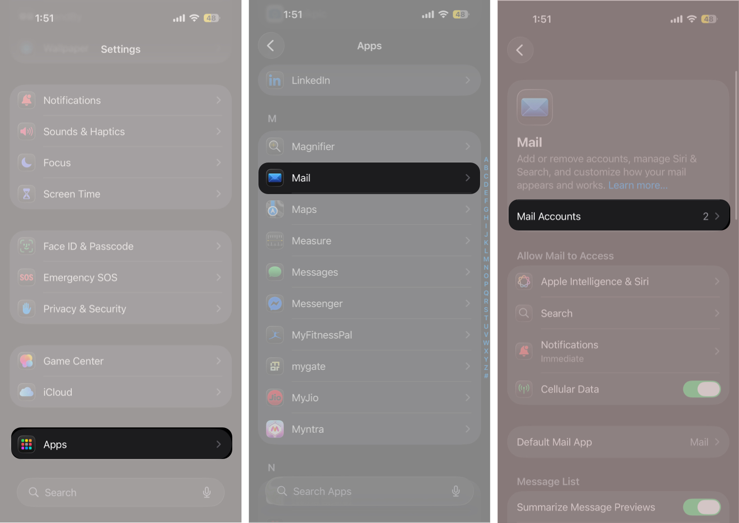 Delete Multiple Contacts on iPhone Open Settings, select Apps, choose Mail, then tap Mail Accounts.