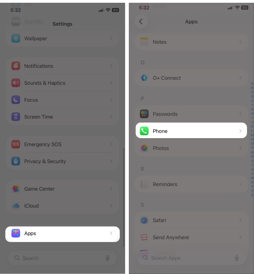 Open Settings, then go to Apps and select Phone