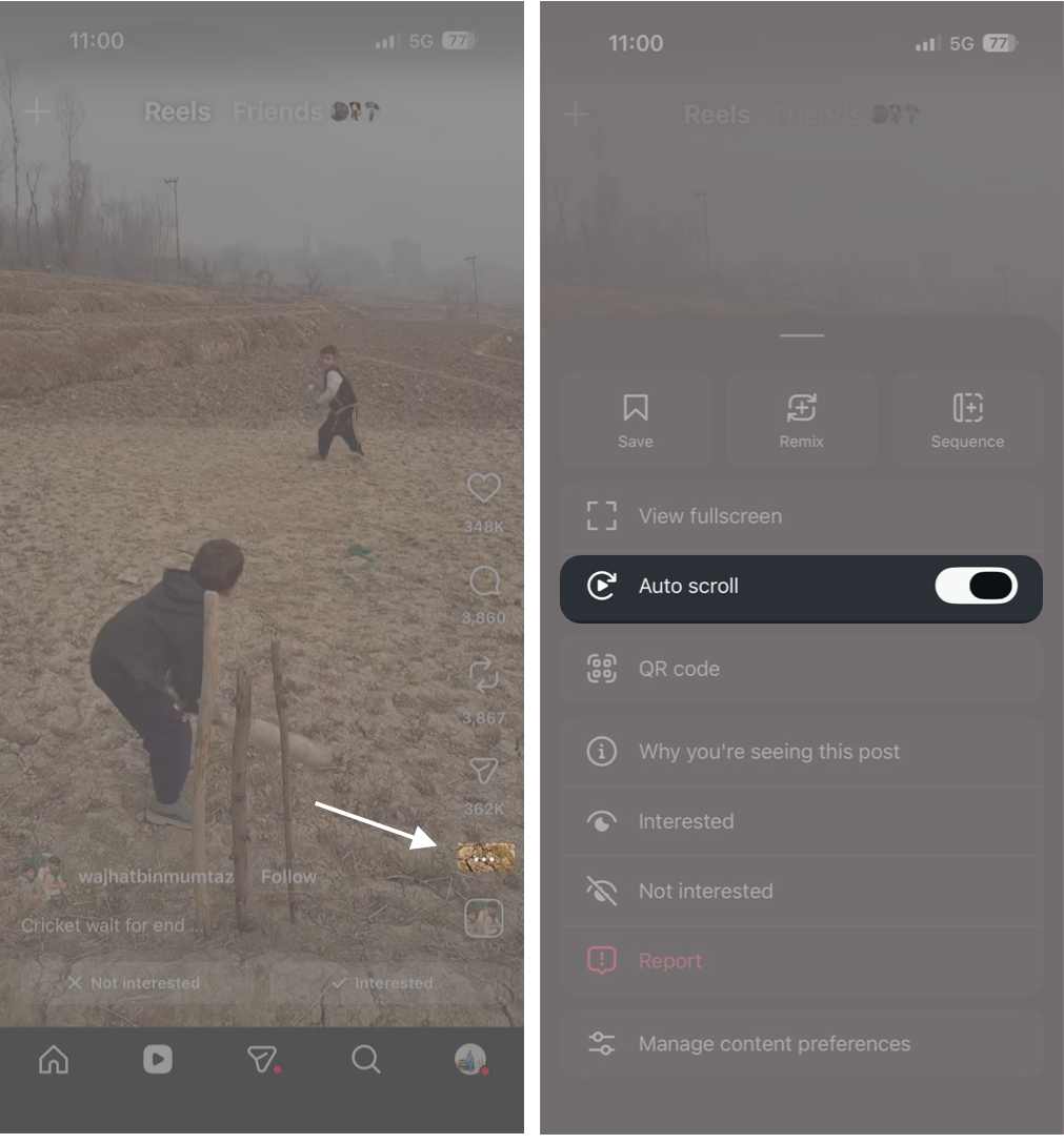 Open the instagram app and tap the three-Dot button and turn on auto-scroll