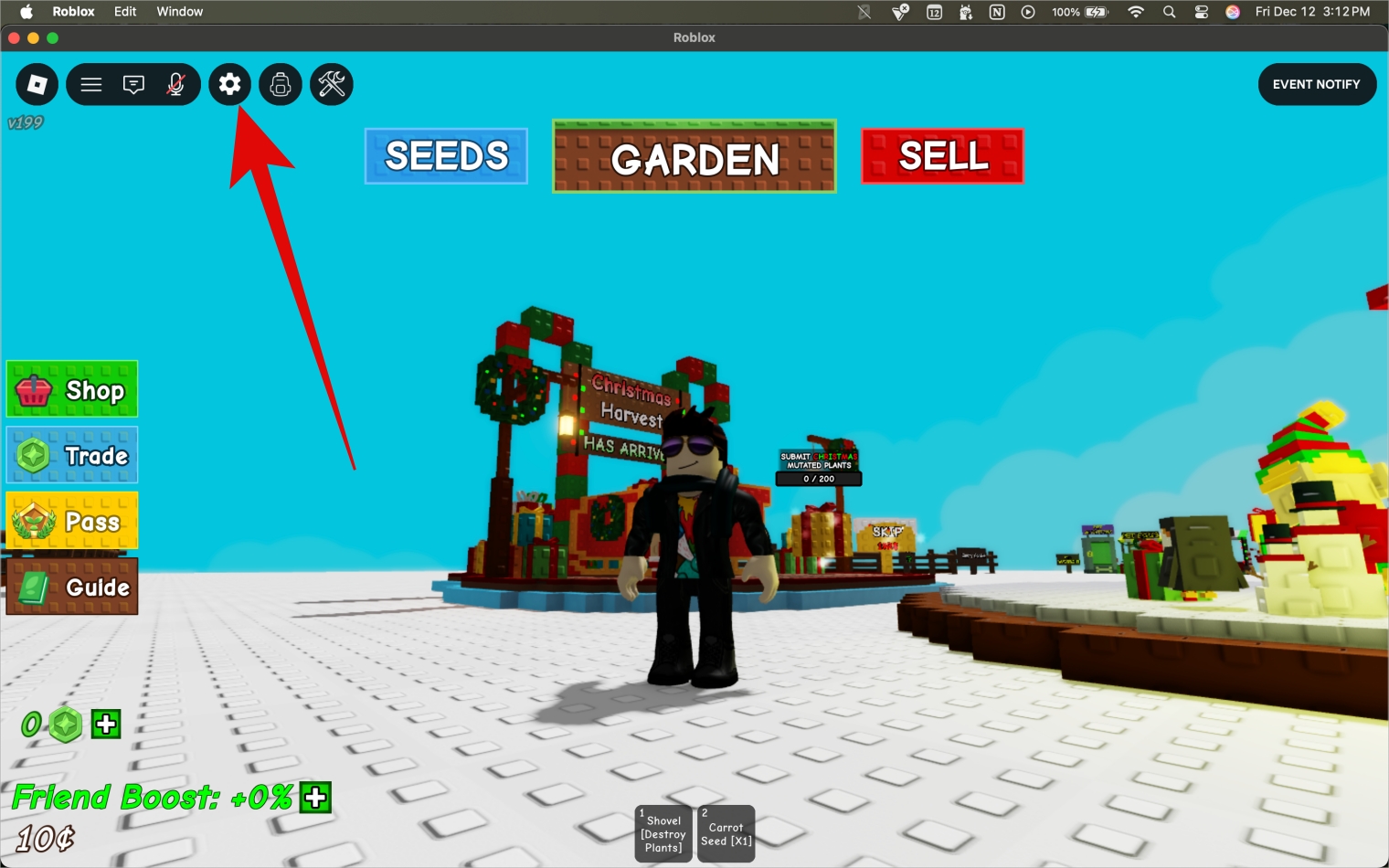 Player opens Grow a Garden on Roblox and Click the top left Settings cog