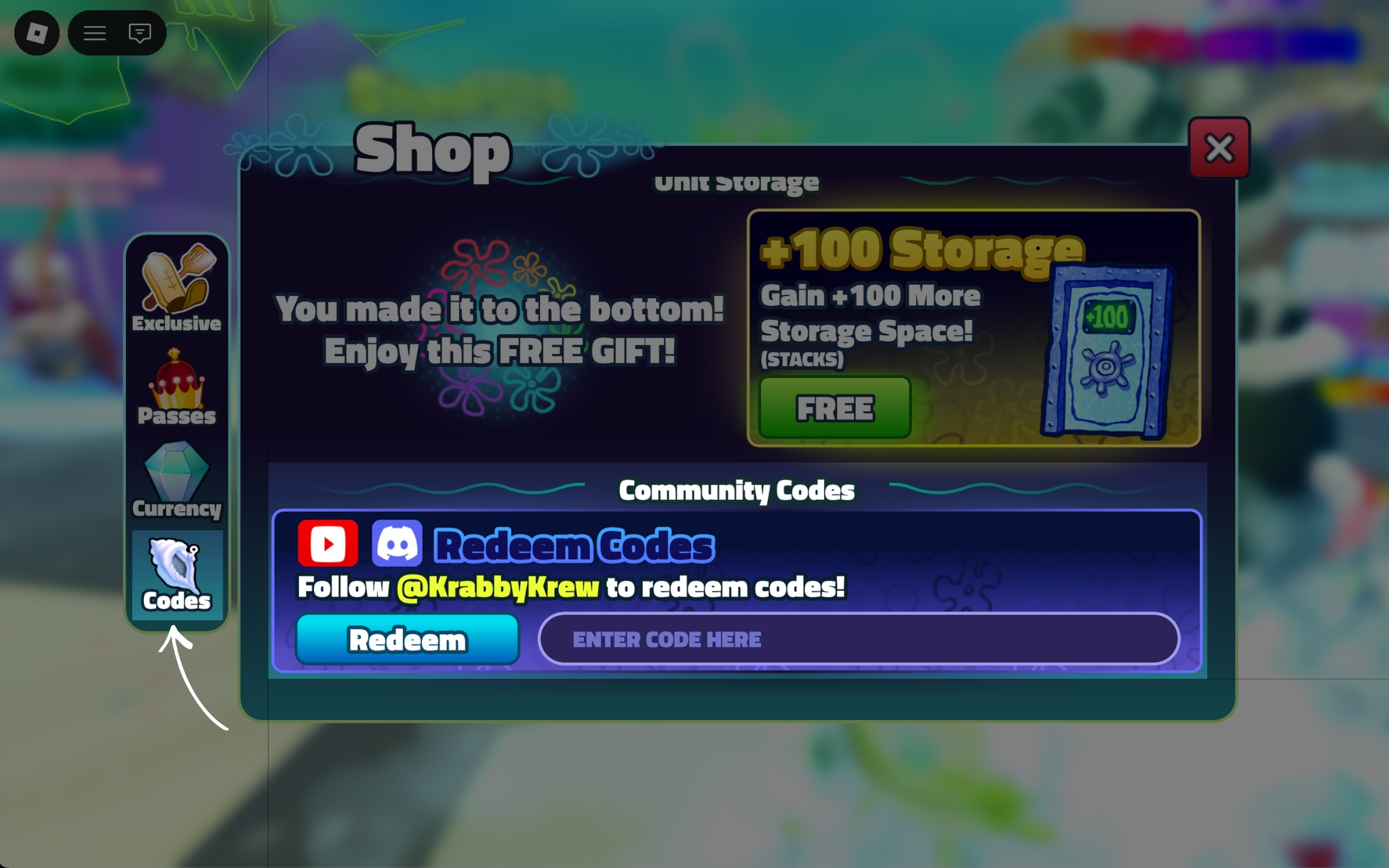 Press the Codes option, enter the Code and hit Redeem