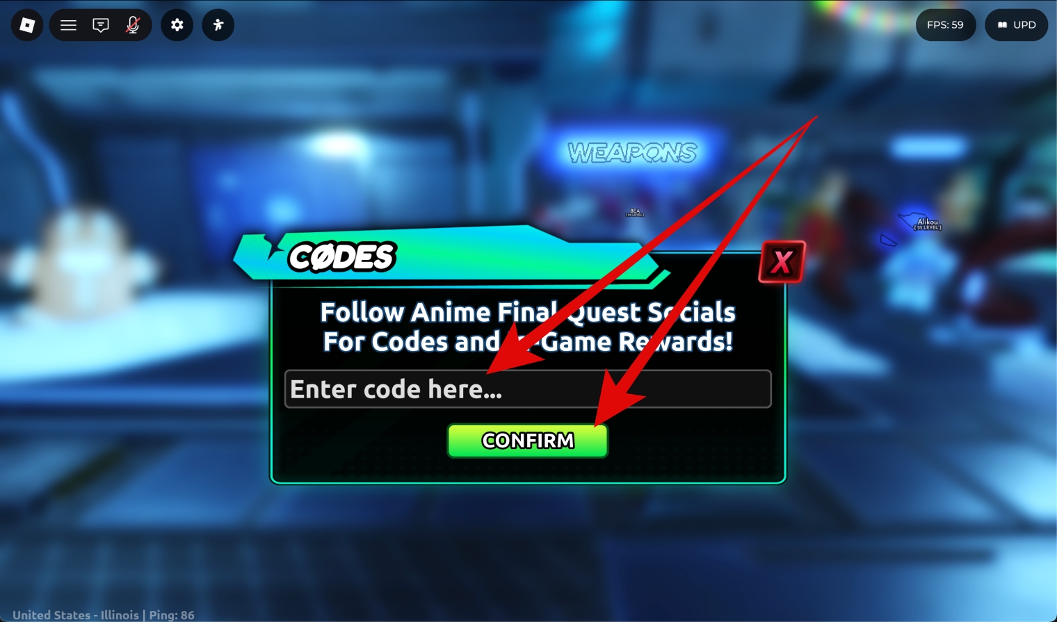 Redeem code by entering it in the text box and clicking Confirm to claim rewards.