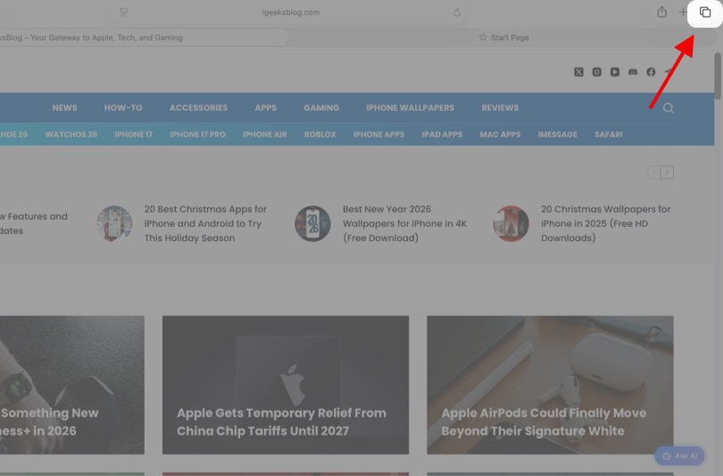 Click the + Button at the Top Right Corner to Open a New Tab