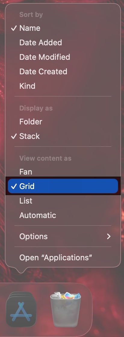 Right-click the Applications icon then select Grid