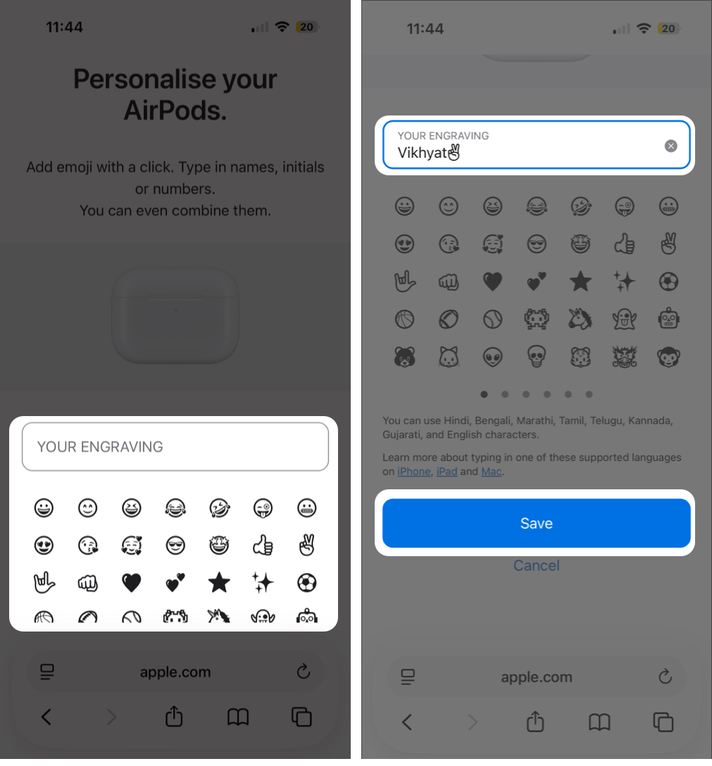 How to Engrave AirPods Cases for Free (Text, Memoji and Emojis) – iGeeksBlog Select Add Engraving, Enter Your Text or Emojis, and Tap Save to Confirm Your Personalization