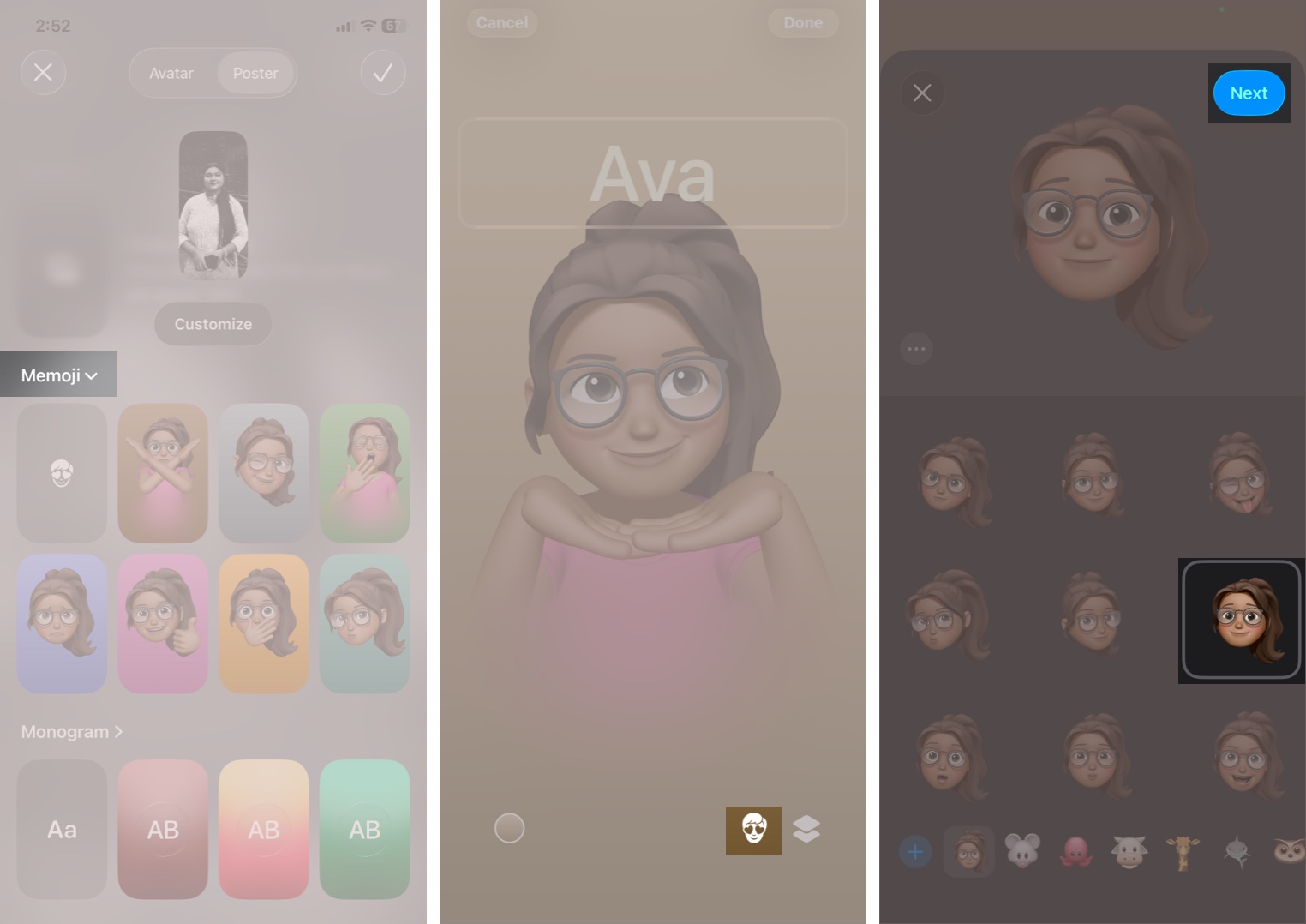 Select the Memoji Icon to Choose Predefined Memojis and Tap Next