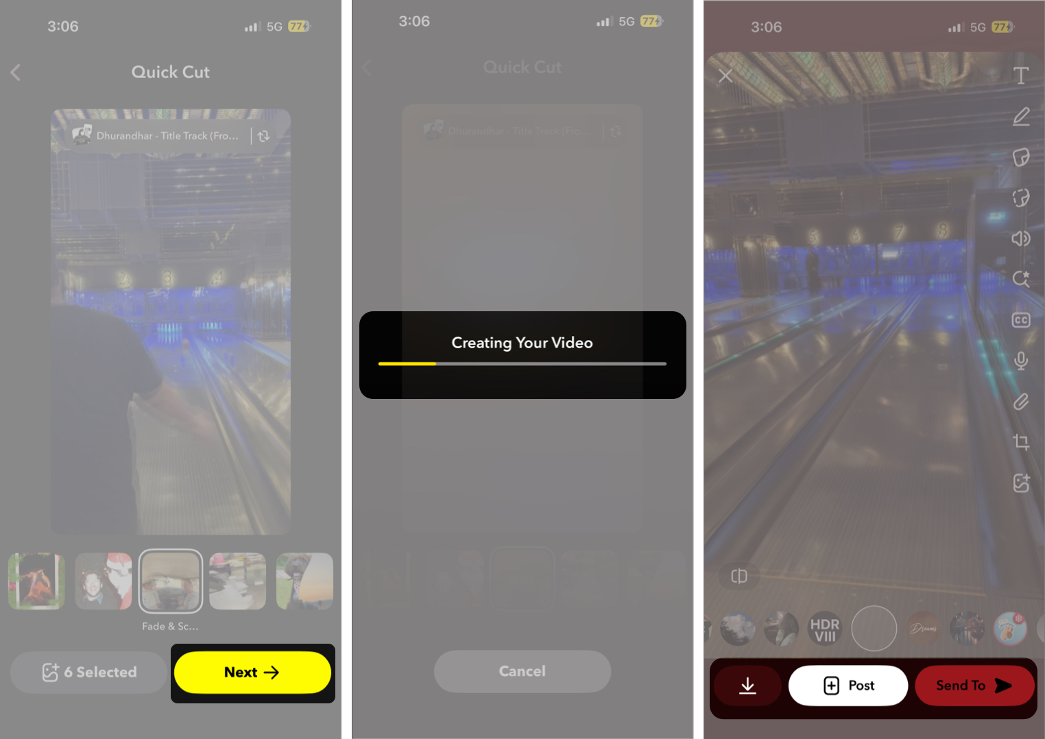 Tap Next to preview the video, then save or share it as a Snap or Story