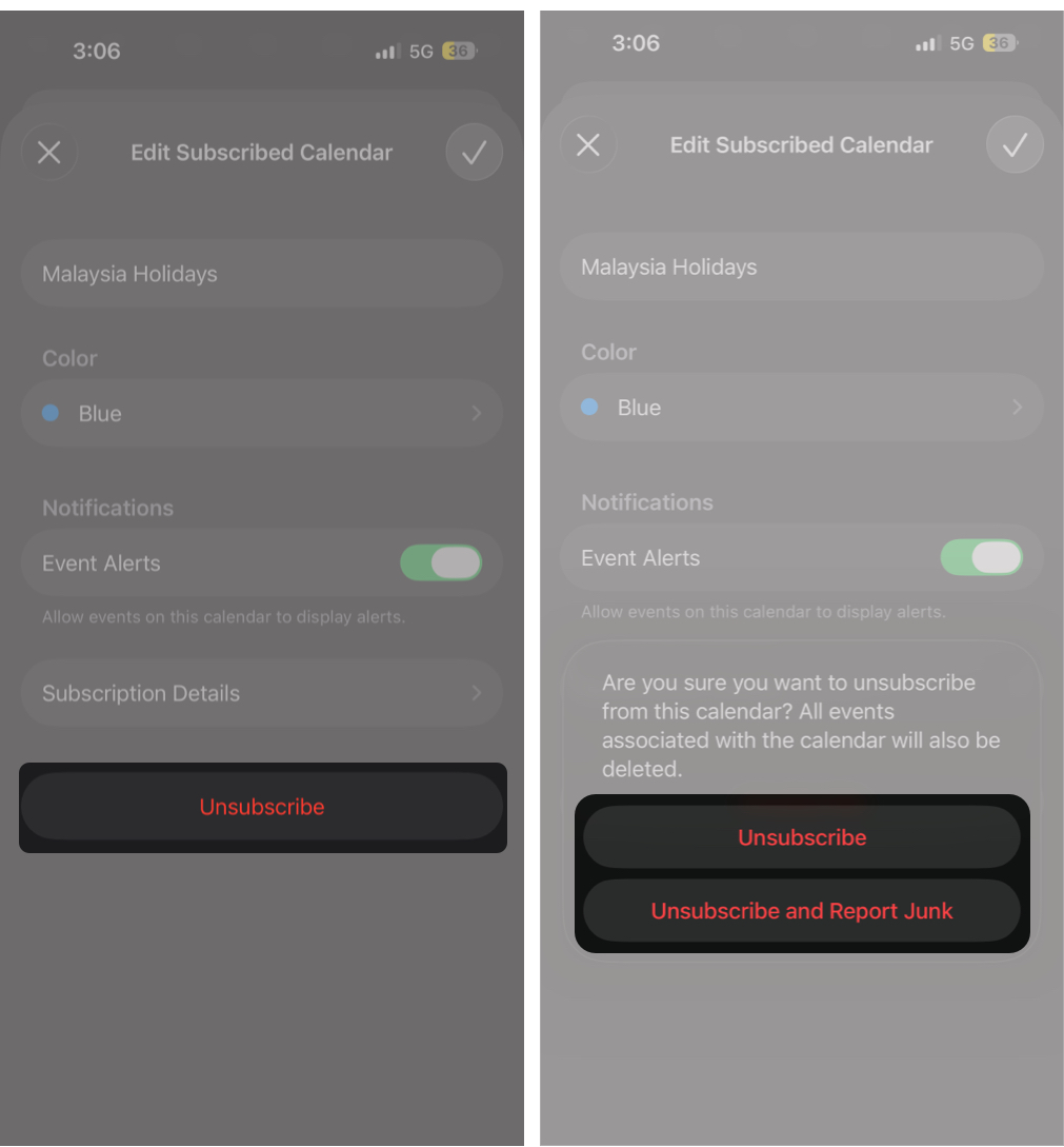 Tap Unsubscribe and select Unsubscribe and Report Junk to confirm