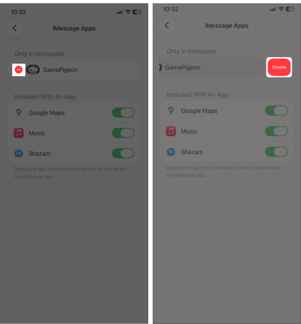 How to Rearrange and Delete iMessage Apps on iPhone or iPad – iGeeksBlog Tapping the red minus sign and selecting Delete.