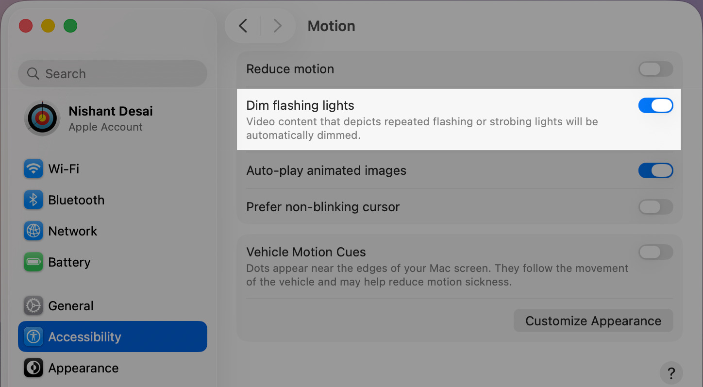 Toggle Dim flashing lights to turn it on