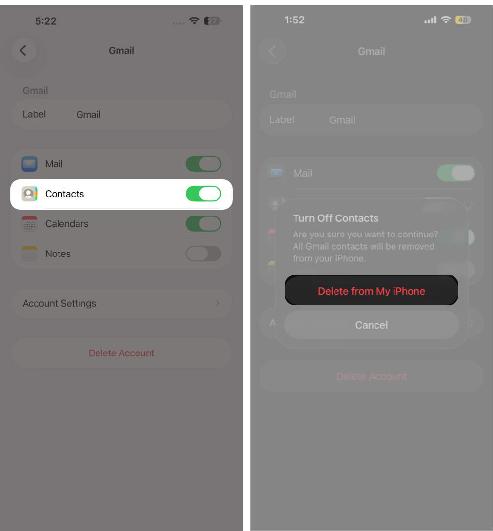 Delete Multiple Contacts on iPhone Toggle off Contacts and confirm by tapping Delete from iPhone